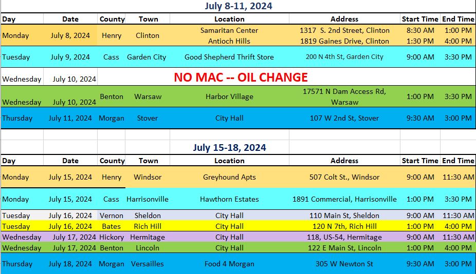 July 8-18 Mobile Action Center Schedule