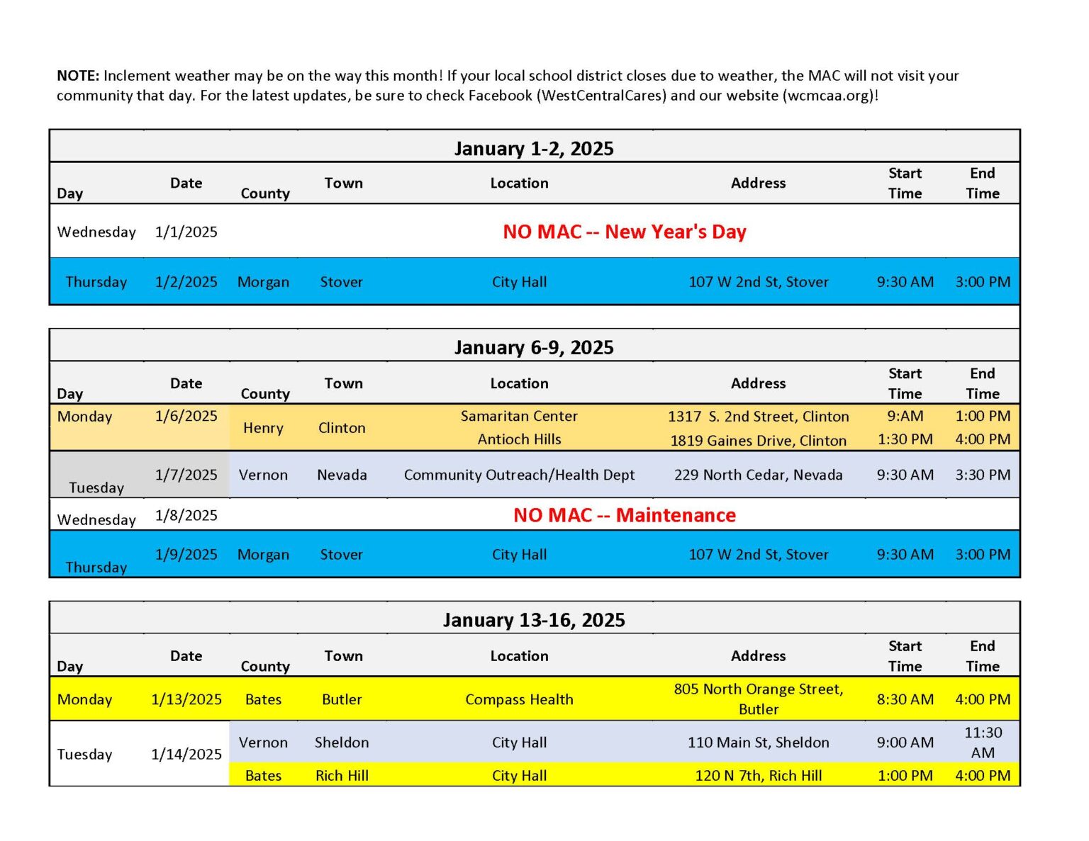 Jan 2025 MAC schedule